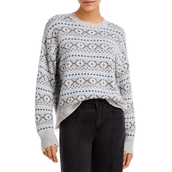 AQUA Cashmere Distressed Geometric Cashmere Sweater - NWT Grey Blue - Picture 3 of 3